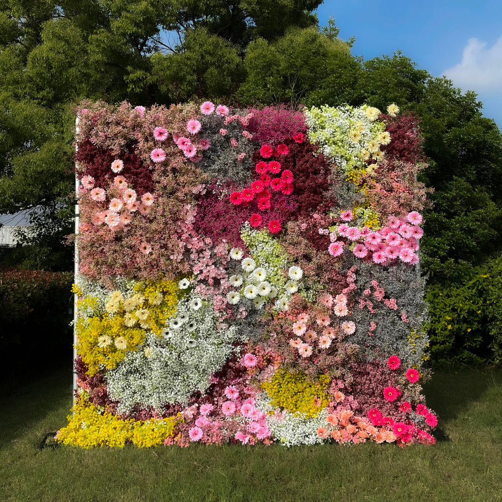 Rose Morning“The flower walls are made of artificial flowers in various colors, layered at different levels to create a lush, elegant and natural look. The exclusive zipper design and roll-up design make it easy to install and remove.”