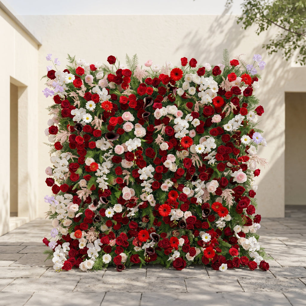 Maelelia | Premium 4D Crimson Rose & White Daisy Silk Flower Wall with Botanical Textures for Bold Branding Events | Shipping Included