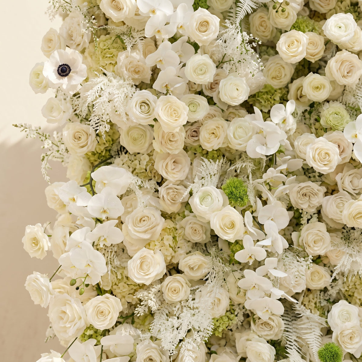 Arelette | Luxury 4D White & Green Silk Floral Wall Backdrop with Premium Orchids & Ranunculus for Modern Weddings | Shipping Included