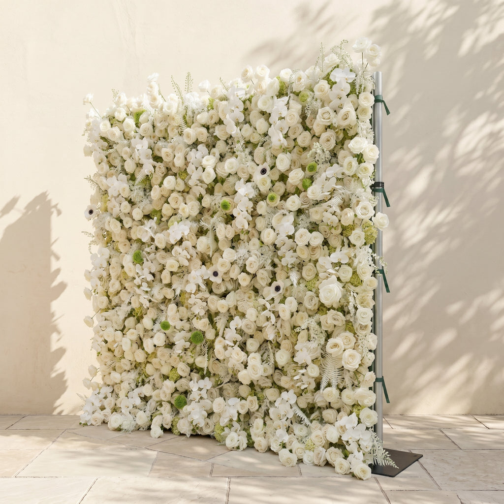 Arelette | Luxury 4D White & Green Silk Floral Wall Backdrop with Premium Orchids & Ranunculus for Modern Weddings | Shipping Included