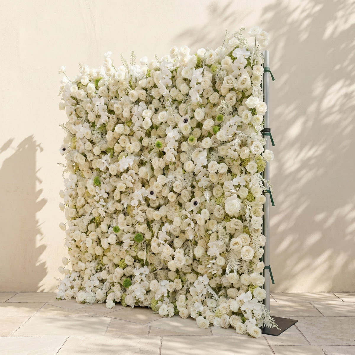Arelette | Luxury 4D White & Green Silk Floral Wall Backdrop with Premium Orchids & Ranunculus for Modern Weddings | Shipping Included
