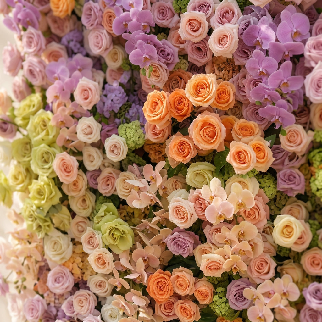 Camilvella | Premium 5D Pastel Rainbow Silk Flower Wall with Cascading Orchids & Hydrangeas for Modern Dreamy Parties | Shipping Included