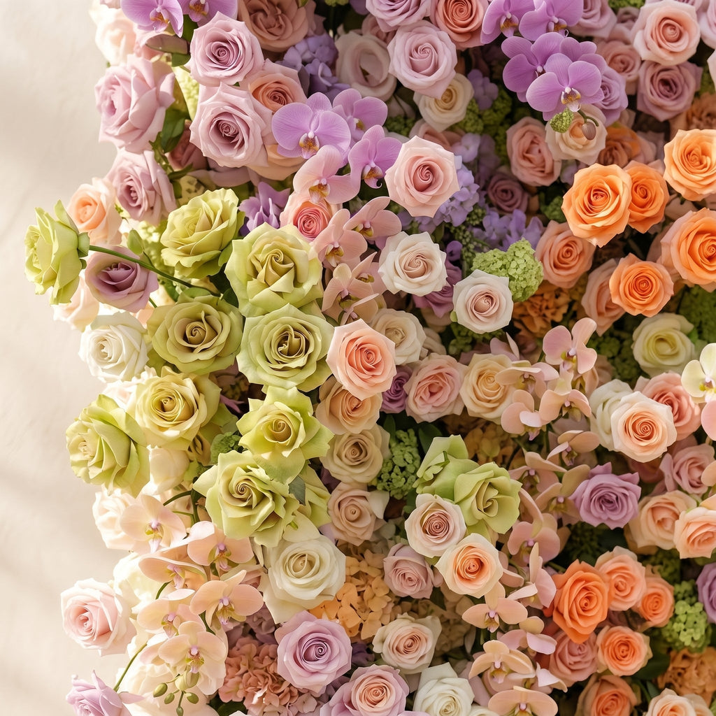 Camilvella | Premium 5D Pastel Rainbow Silk Flower Wall with Cascading Orchids & Hydrangeas for Modern Dreamy Parties | Shipping Included