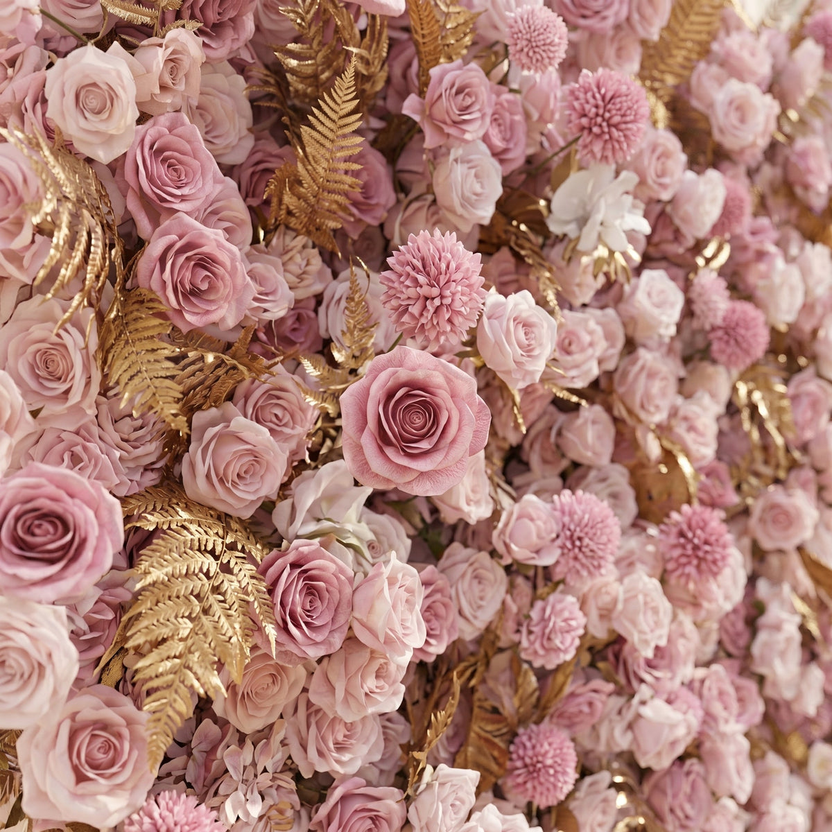 Caelina | Opulent 5D All-Pink Floral Wall with Gold Fern Accents Roll-Up Backdrop for Whimsical Bridal Events | Shipping Included