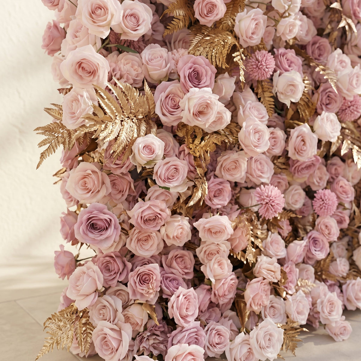 Caelina | Opulent 5D All-Pink Floral Wall with Gold Fern Accents Roll-Up Backdrop for Whimsical Bridal Events | Shipping Included