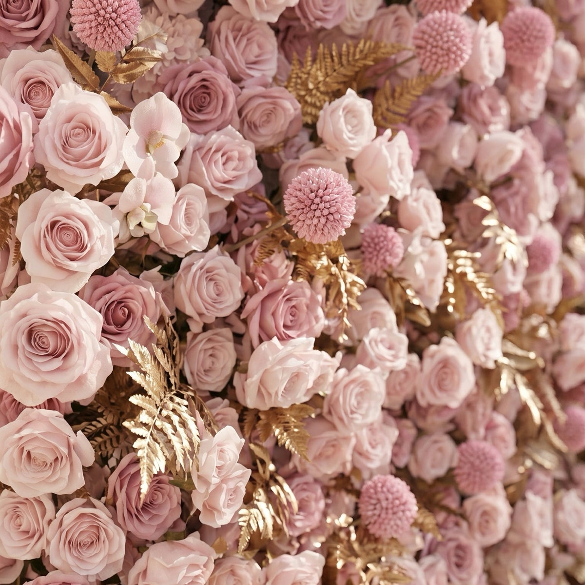 Caelina | Opulent 5D All-Pink Floral Wall with Gold Fern Accents Roll-Up Backdrop for Whimsical Bridal Events | Shipping Included