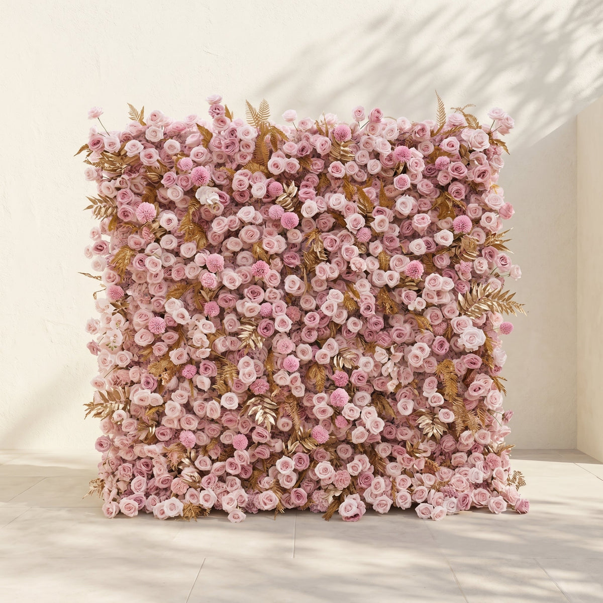 Caelina | Opulent 5D All-Pink Floral Wall with Gold Fern Accents Roll-Up Backdrop for Whimsical Bridal Events | Shipping Included