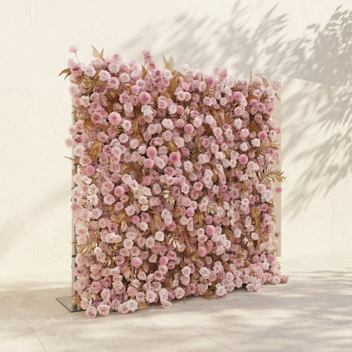 Caelina | Opulent 5D All-Pink Floral Wall with Gold Fern Accents Roll-Up Backdrop for Whimsical Bridal Events | Shipping Included