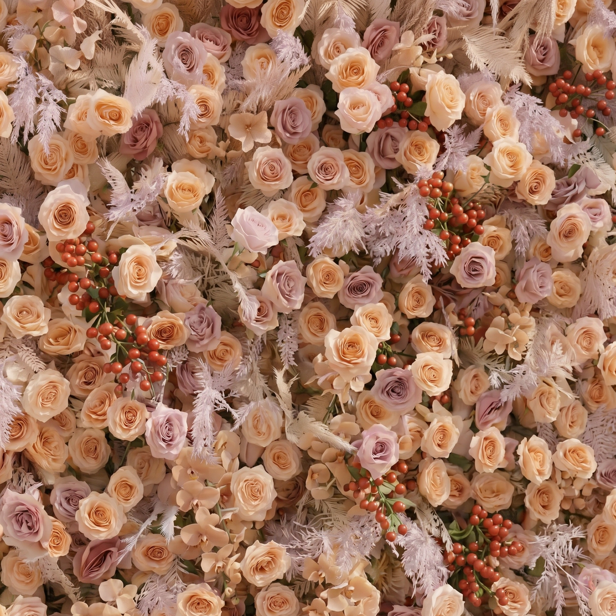 Valsira | Luxury 5D Champagne & Peach Silk Rose Flower Wall with Autumn Berries for Romantic Manor Weddings | Shipping Included