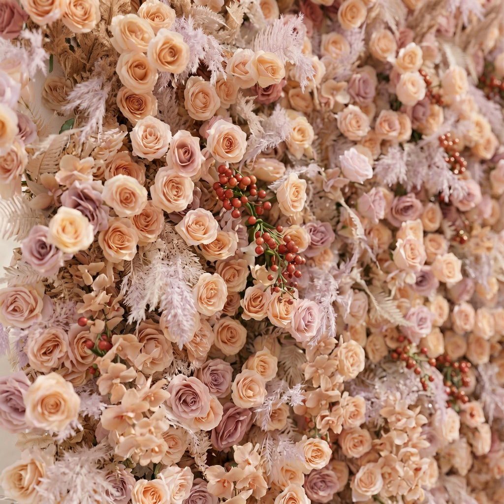 Valsira | Luxury 5D Champagne & Peach Silk Rose Flower Wall with Autumn Berries for Romantic Manor Weddings | Shipping Included