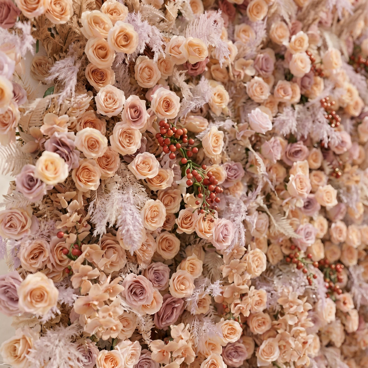 Valsira | Luxury 5D Champagne & Peach Silk Rose Flower Wall with Autumn Berries for Romantic Manor Weddings | Shipping Included