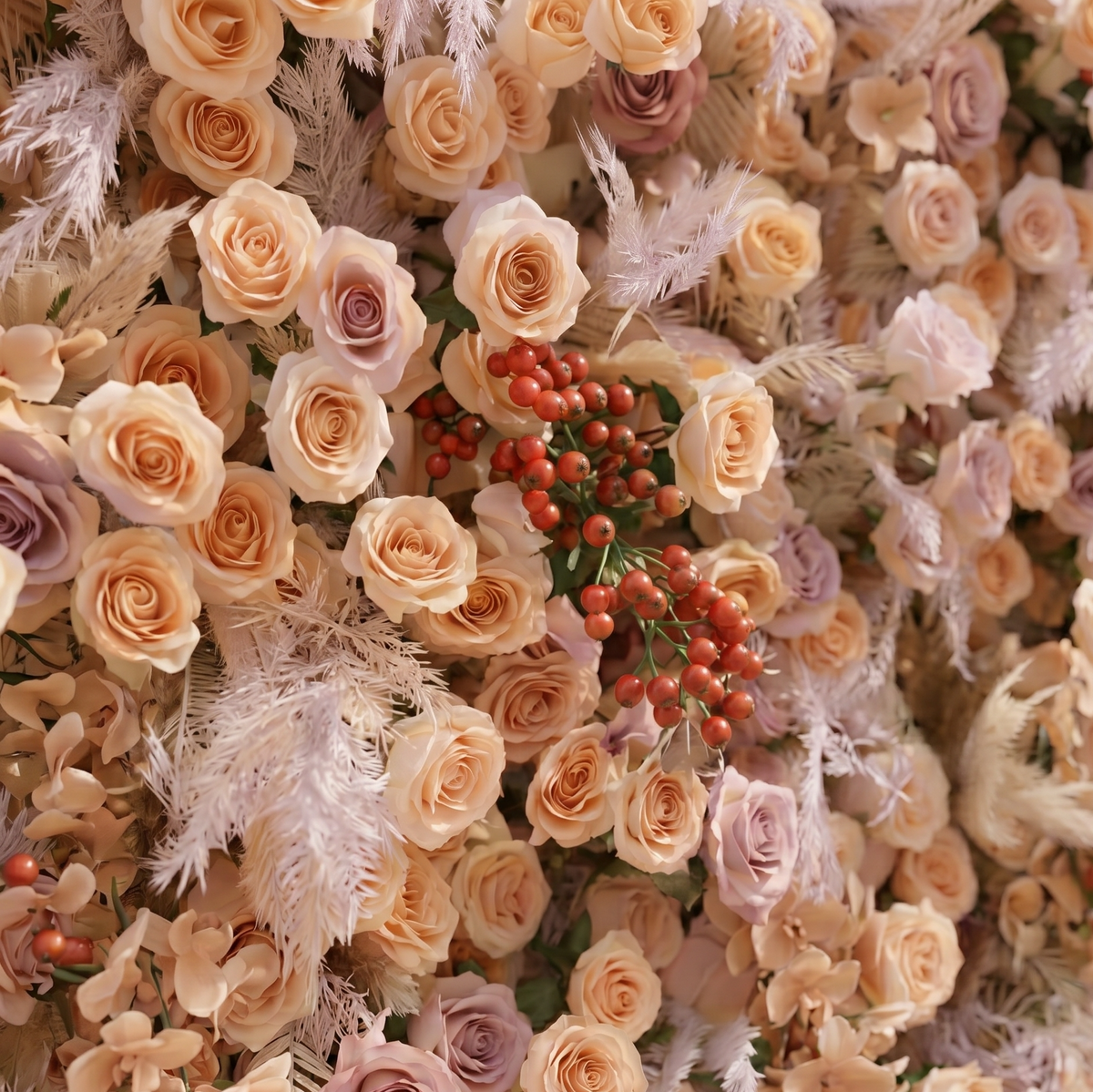 Valsira | Luxury 5D Champagne & Peach Silk Rose Flower Wall with Autumn Berries for Romantic Manor Weddings | Shipping Included