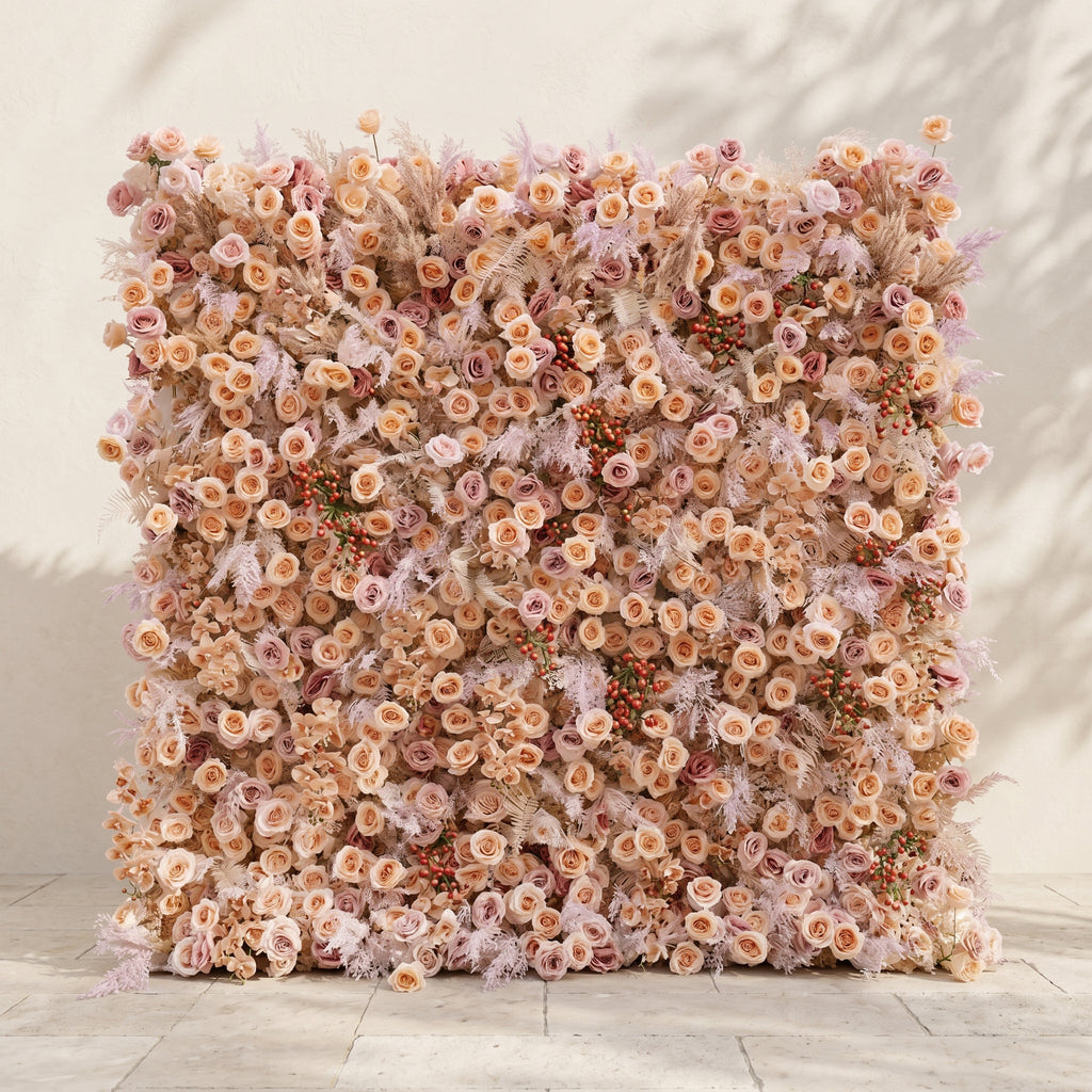Valsira | Luxury 5D Champagne & Peach Silk Rose Flower Wall with Autumn Berries for Romantic Manor Weddings | Shipping Included