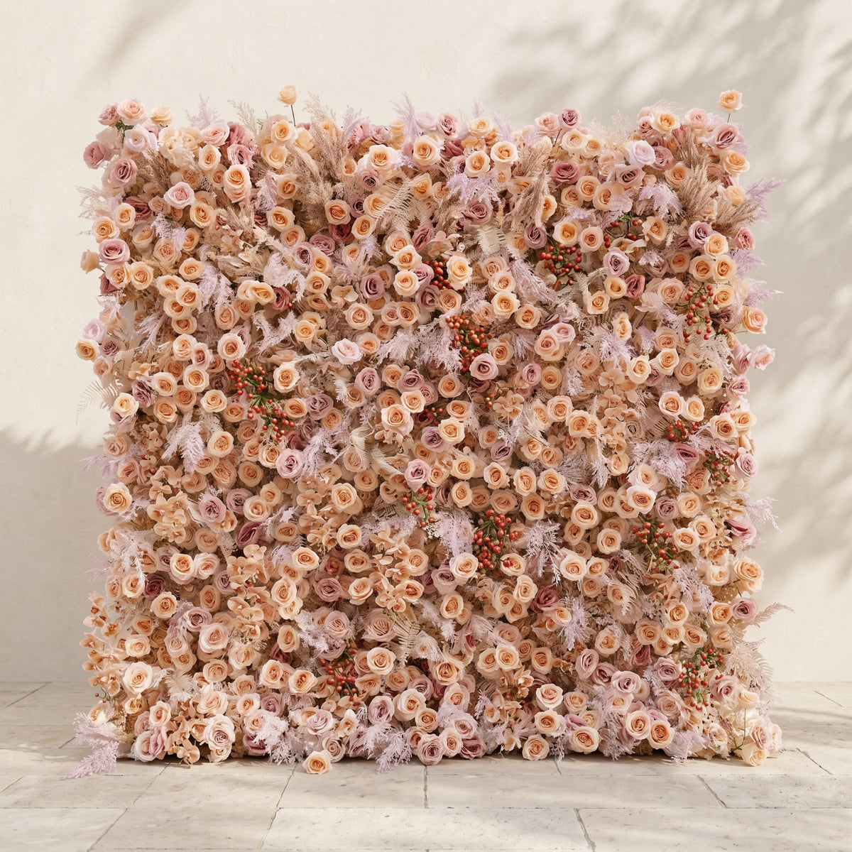 Valsira | Luxury 5D Champagne & Peach Silk Rose Flower Wall with Autumn Berries for Romantic Manor Weddings | Shipping Included