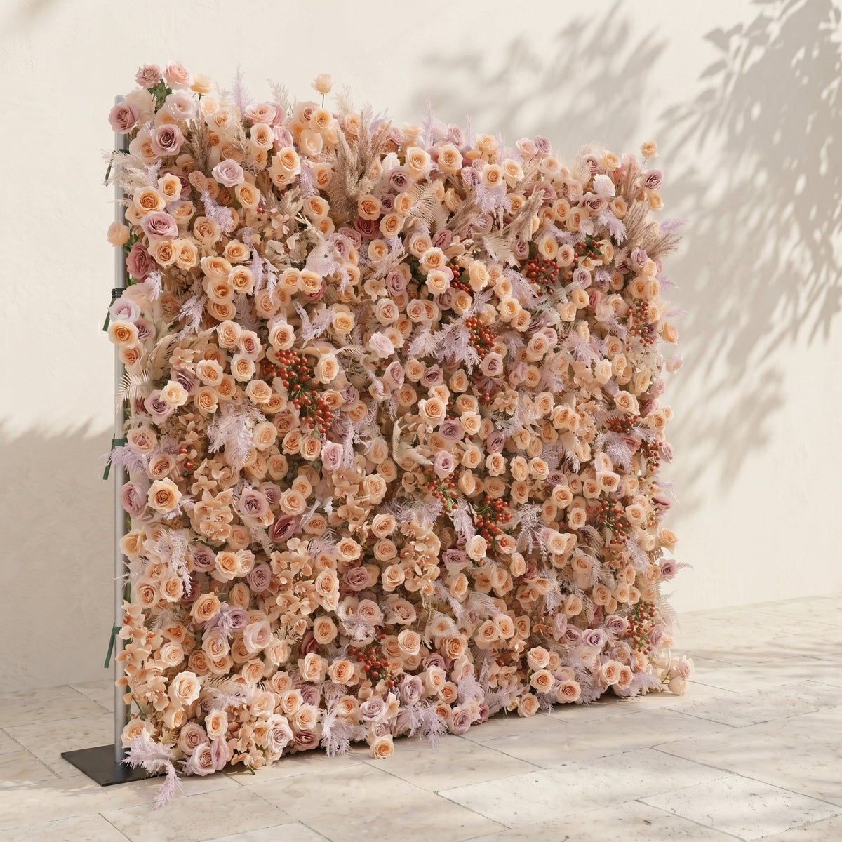 Valsira | Luxury 5D Champagne & Peach Silk Rose Flower Wall with Autumn Berries for Romantic Manor Weddings | Shipping Included
