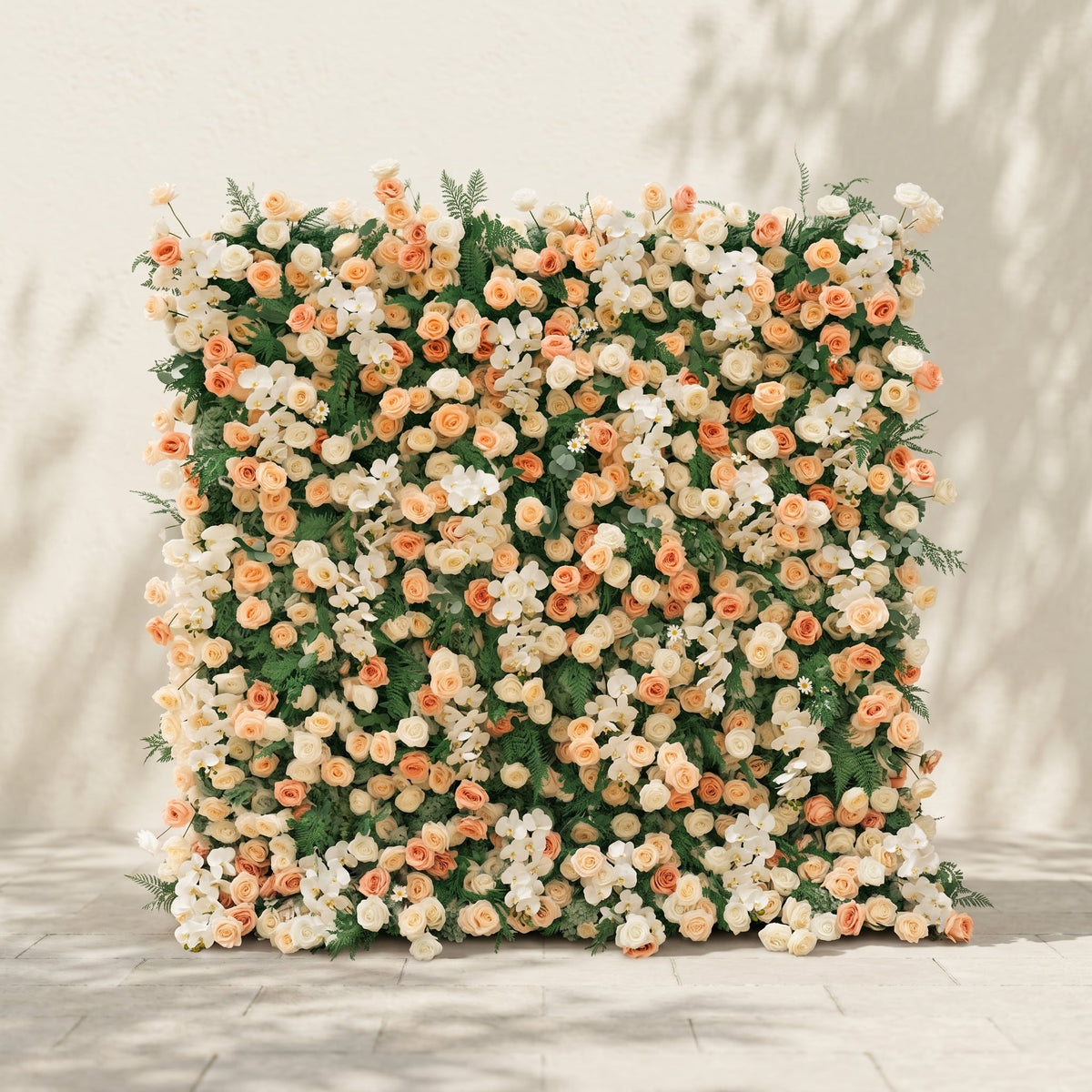 Calorae | Luxury 5D Peach & Ivory Floral Wall with Greenery Roll-Up Backdrop for Rustic Garden Weddings | Shipping Included