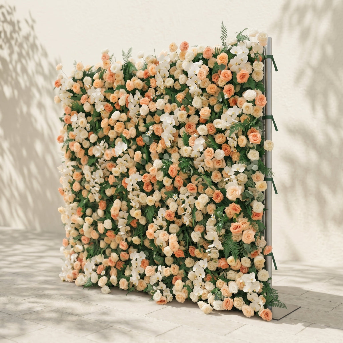 Calorae | Luxury 5D Peach & Ivory Floral Wall with Greenery Roll-Up Backdrop for Rustic Garden Weddings | Shipping Included