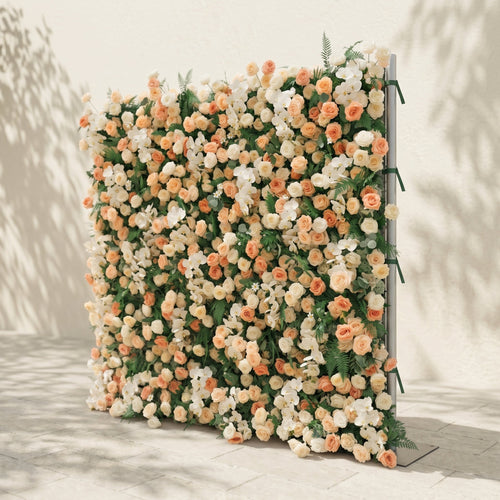 Calorae | Luxury 5D Peach & Ivory Floral Wall with Greenery Roll-Up Backdrop for Rustic Garden Weddings | Shipping Included