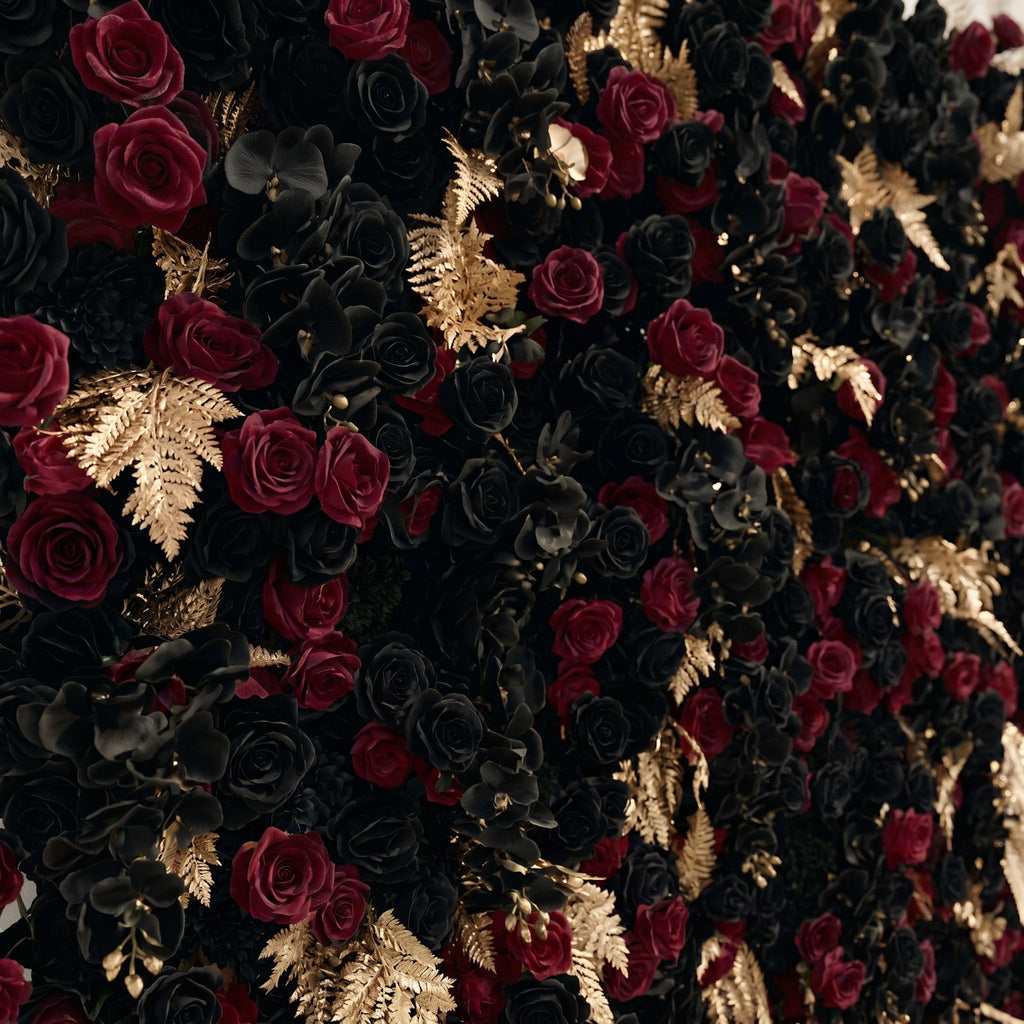 Camilavia | Luxury 5D Black, Burgundy & Gold Silk Event-Ready Floral Wall Backdrop for Opulent Gothic Weddings | Shipping Included