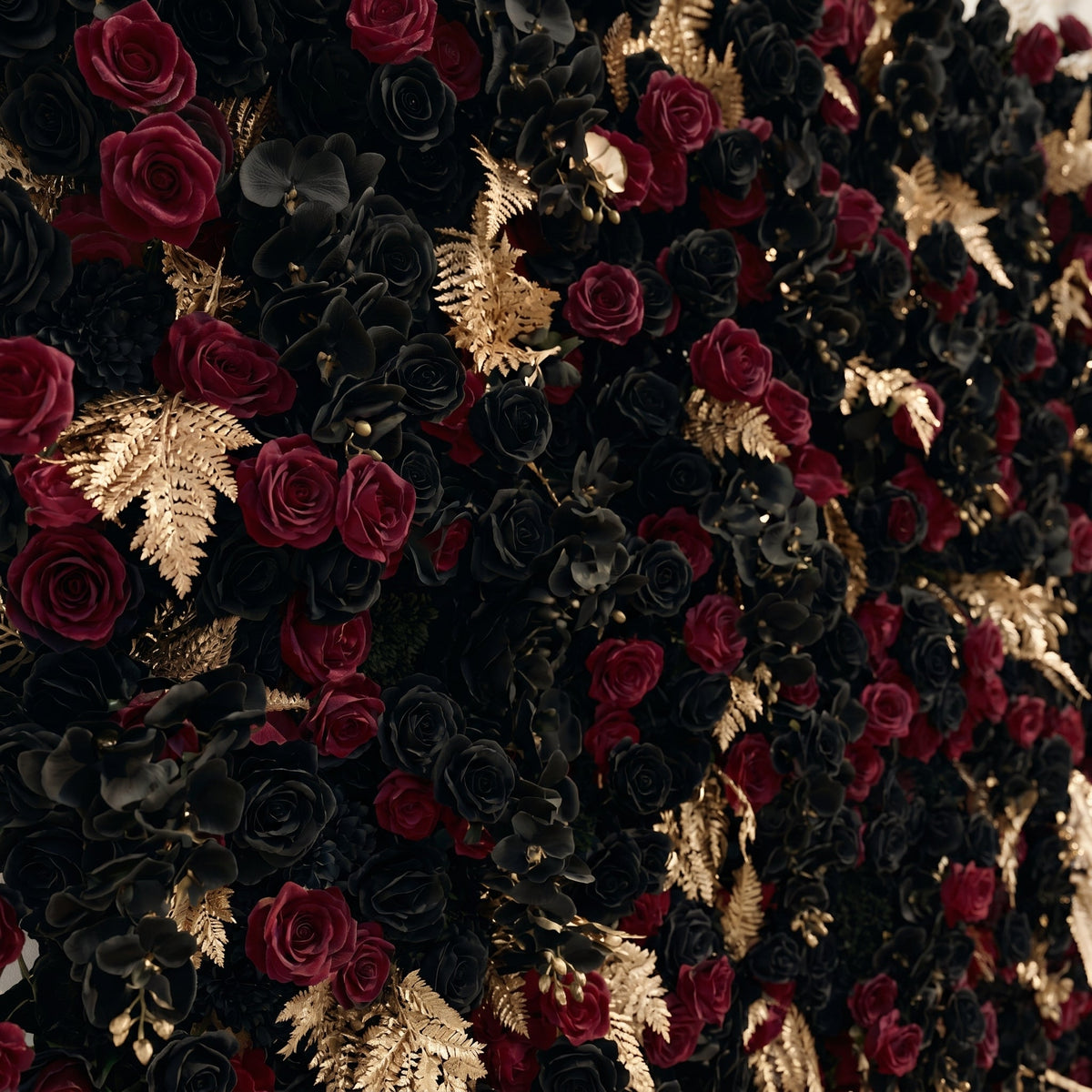 Camilavia | Luxury 5D Black, Burgundy & Gold Silk Event-Ready Floral Wall Backdrop for Opulent Gothic Weddings | Shipping Included