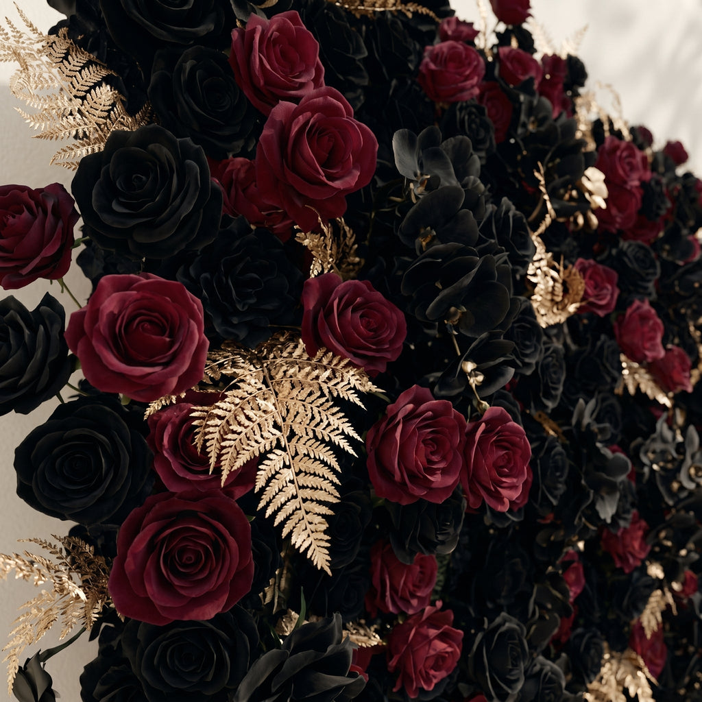 Camilavia | Luxury 5D Black, Burgundy & Gold Silk Event-Ready Floral Wall Backdrop for Opulent Gothic Weddings | Shipping Included