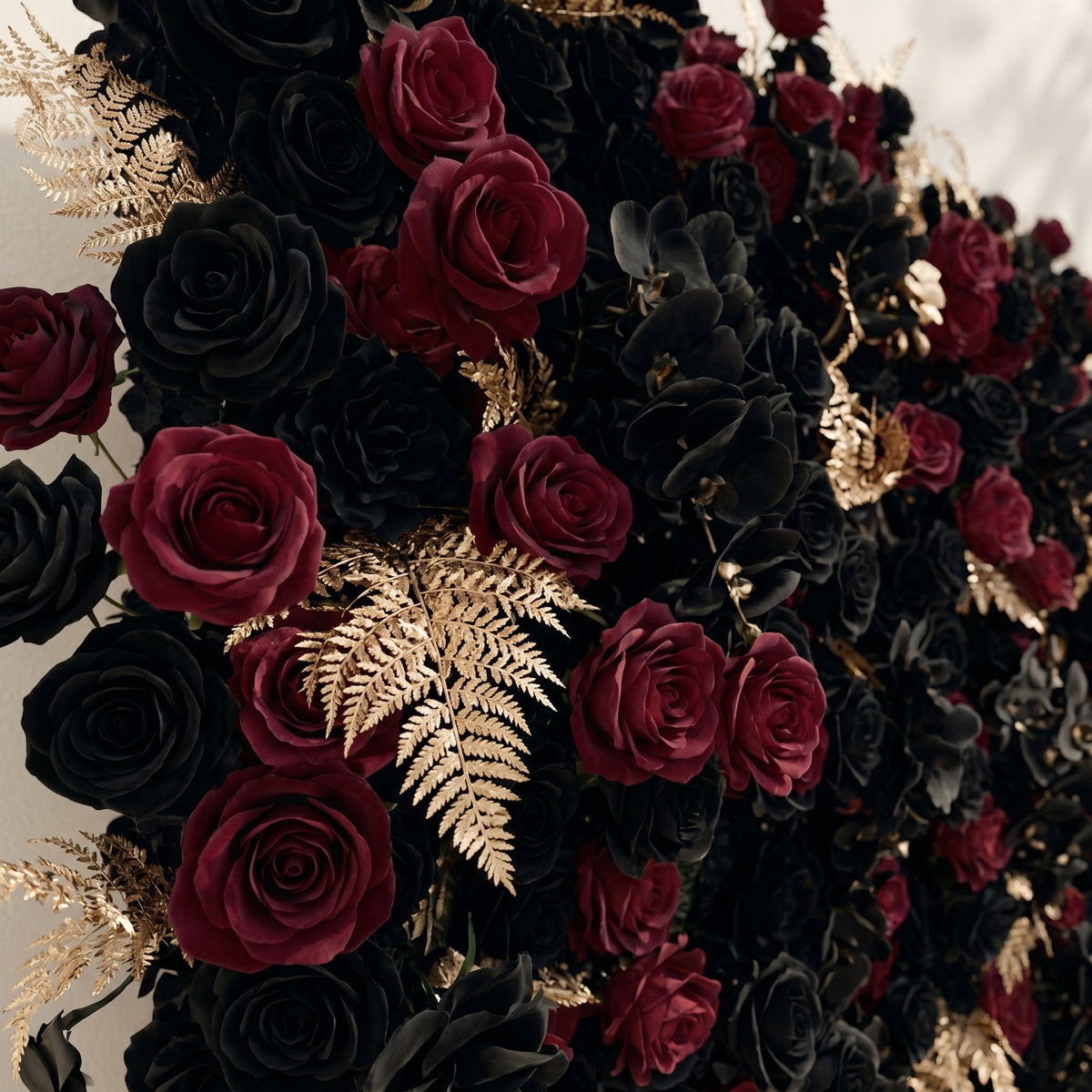 Camilavia | Luxury 5D Black, Burgundy & Gold Silk Event-Ready Floral Wall Backdrop for Opulent Gothic Weddings | Shipping Included