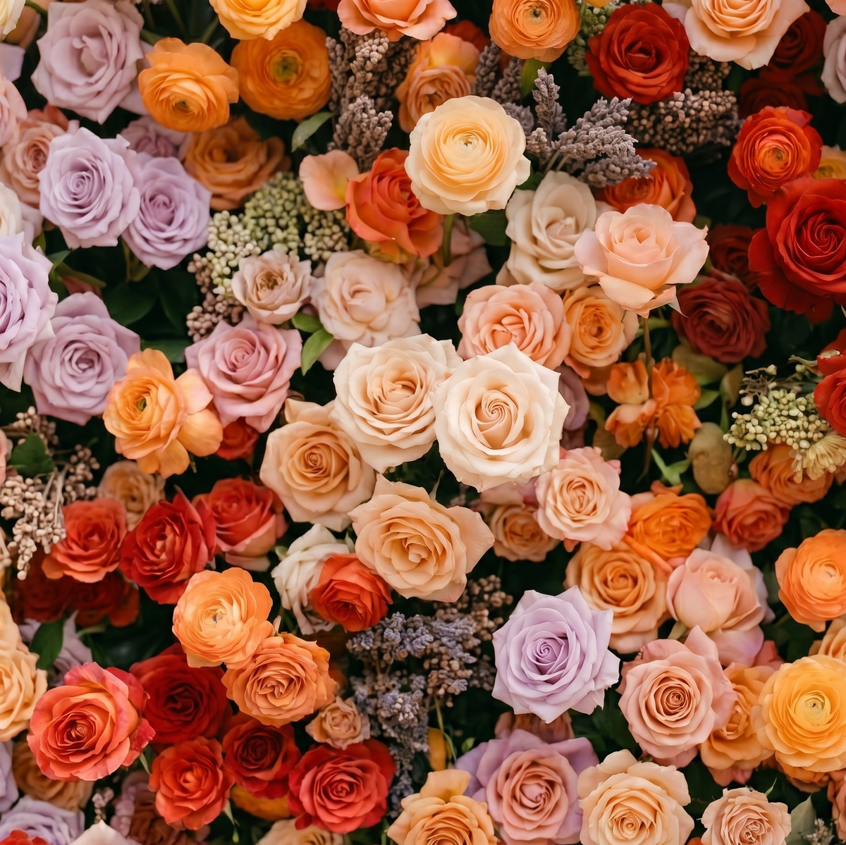 Daelyne | Luxury 5D Sunset Orange & Lavender Event-Ready Silk Floral Wall Backdrop for Warm Summer Weddings | Shipping Included