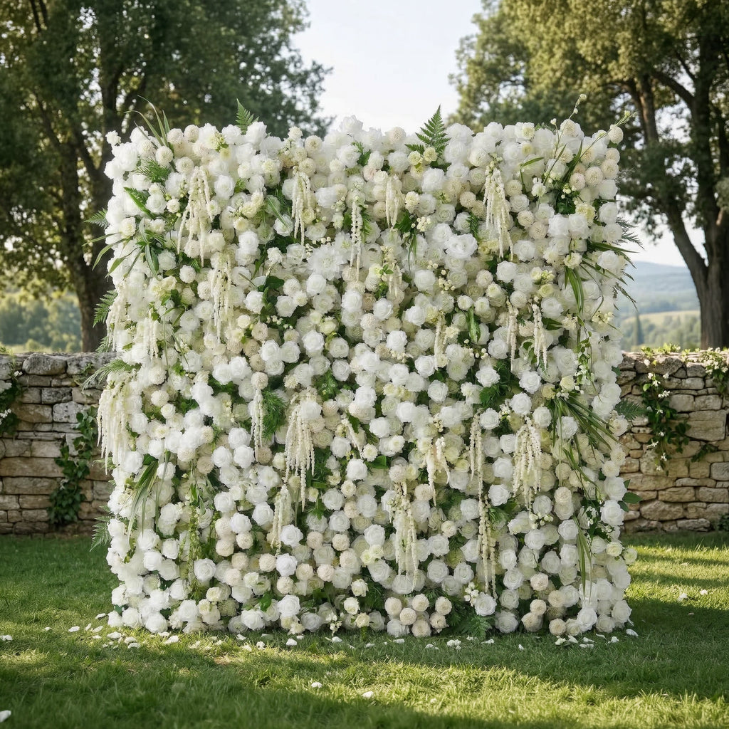 Elunara | 5D White Rose Flower Wall with Drooping Foliage Roll-Up Fabric Backdrop for Luxury Events Decor | Shipping Included