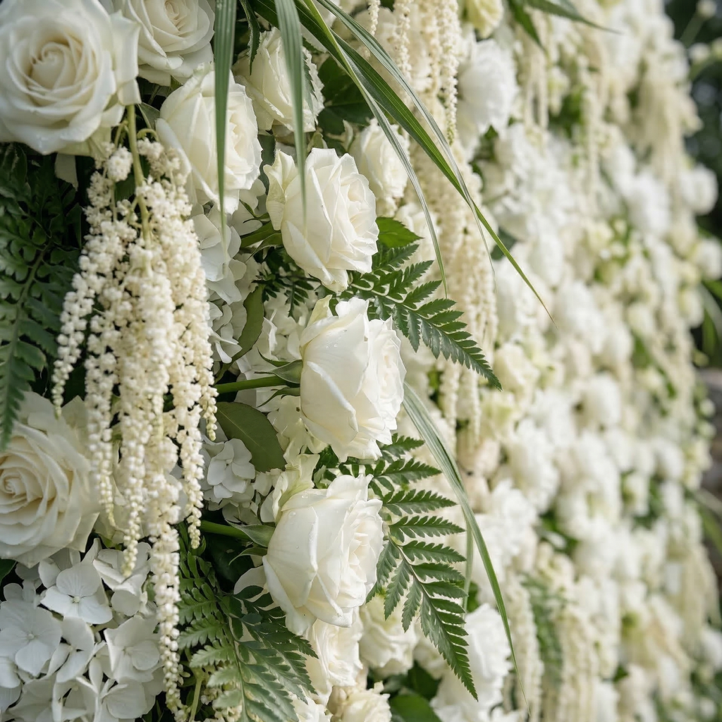 Elunara | 5D White Rose Flower Wall with Drooping Foliage Roll-Up Fabric Backdrop for Luxury Events Decor | Shipping Included