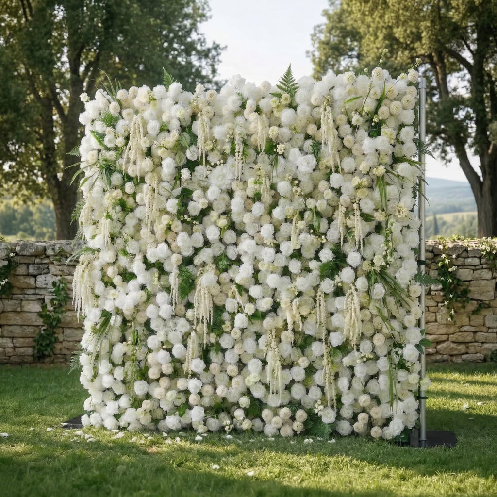 Elunara | 5D White Rose Flower Wall with Drooping Foliage Roll-Up Fabric Backdrop for Luxury Events Decor | Shipping Included