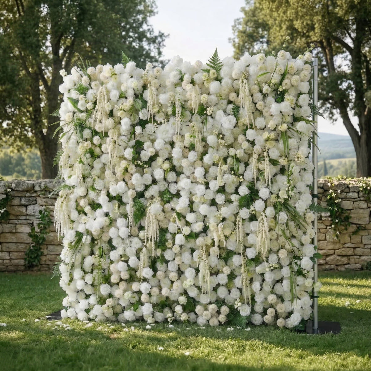 Elunara | 5D White Rose Flower Wall with Drooping Foliage Roll-Up Fabric Backdrop for Luxury Events Decor | Shipping Included
