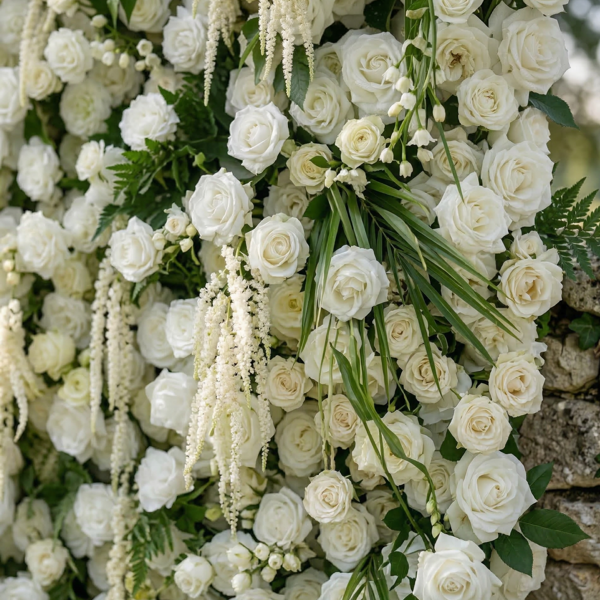 Elunara | 5D White Rose Flower Wall with Drooping Foliage Roll-Up Fabric Backdrop for Luxury Events Decor | Shipping Included