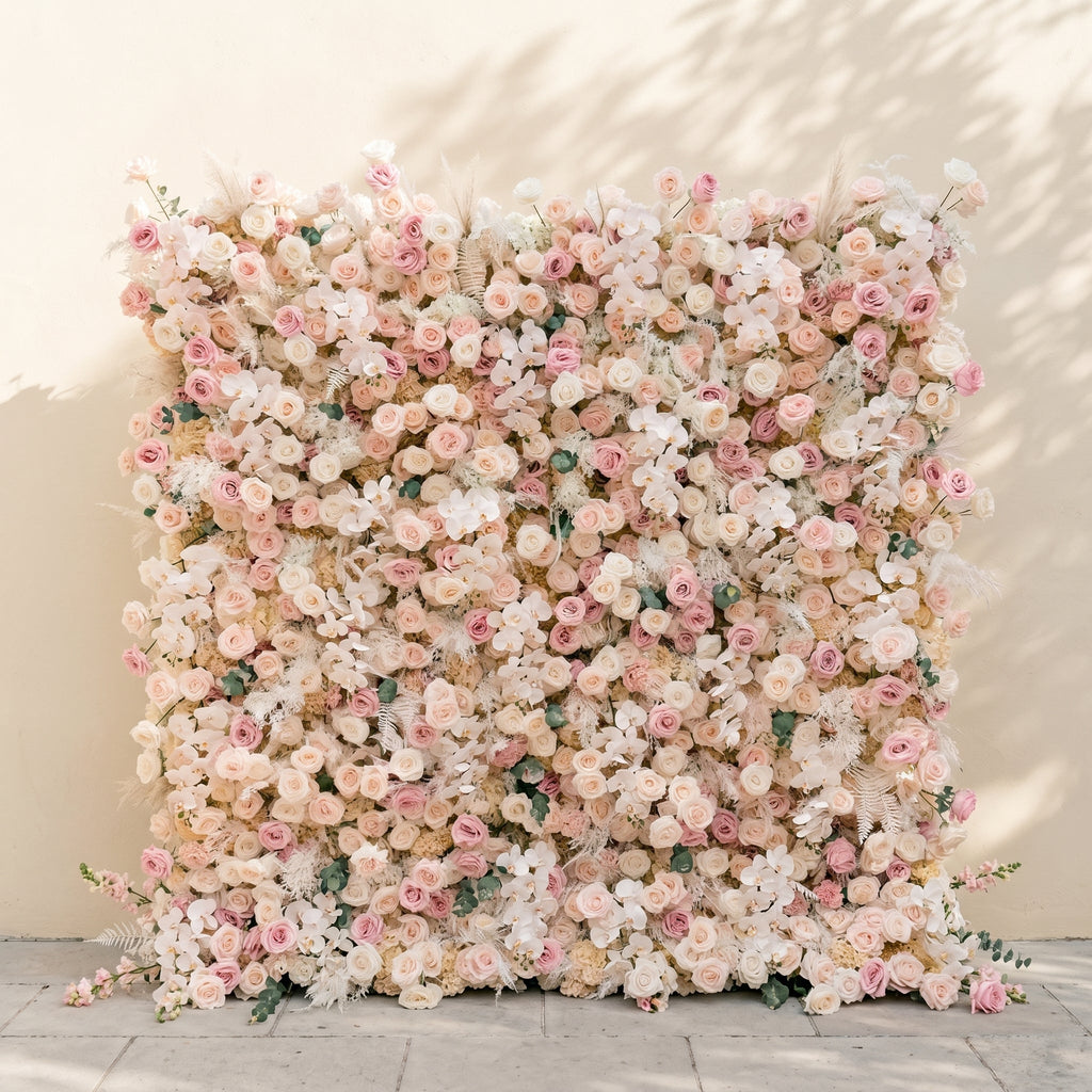 Elvenessa | 5D Neutral Warm Blush Pink & Ivory White Event-Ready Silk Rose Floral Wall Backdrop for Romantic Wedding & Proposal Setups | Shipping Included