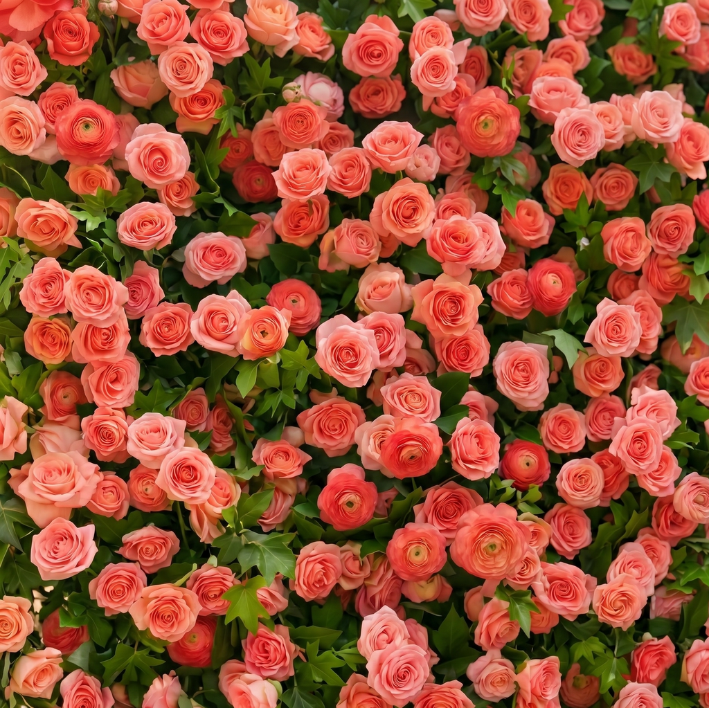 Elvenlena | Premium 5D Bright Coral Floral Wall with Greenery Roll-Up Backdrop for Cheerful Outdoor Garden Events | Shipping Included