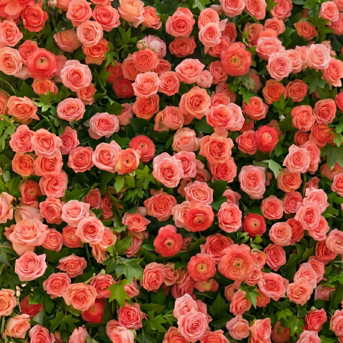 Elvenlena | Premium 5D Bright Coral Floral Wall with Greenery Roll-Up Backdrop for Cheerful Outdoor Garden Events | Shipping Included