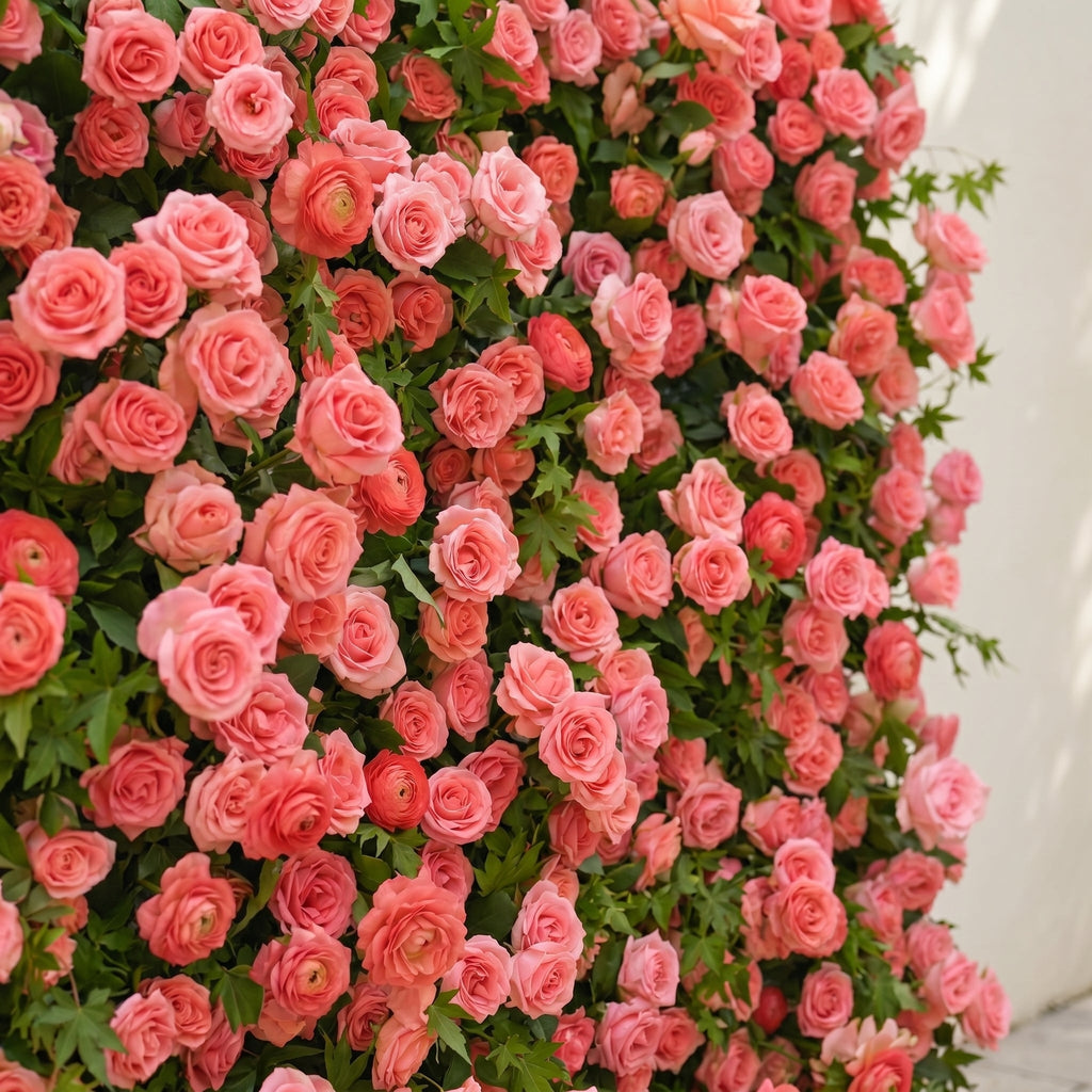Elvenlena | Premium 5D Bright Coral Floral Wall with Greenery Roll-Up Backdrop for Cheerful Outdoor Garden Events | Shipping Included
