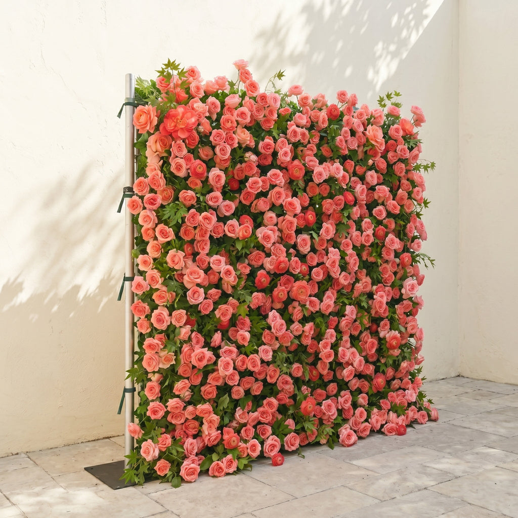Elvenlena | Premium 5D Bright Coral Floral Wall with Greenery Roll-Up Backdrop for Cheerful Outdoor Garden Events | Shipping Included
