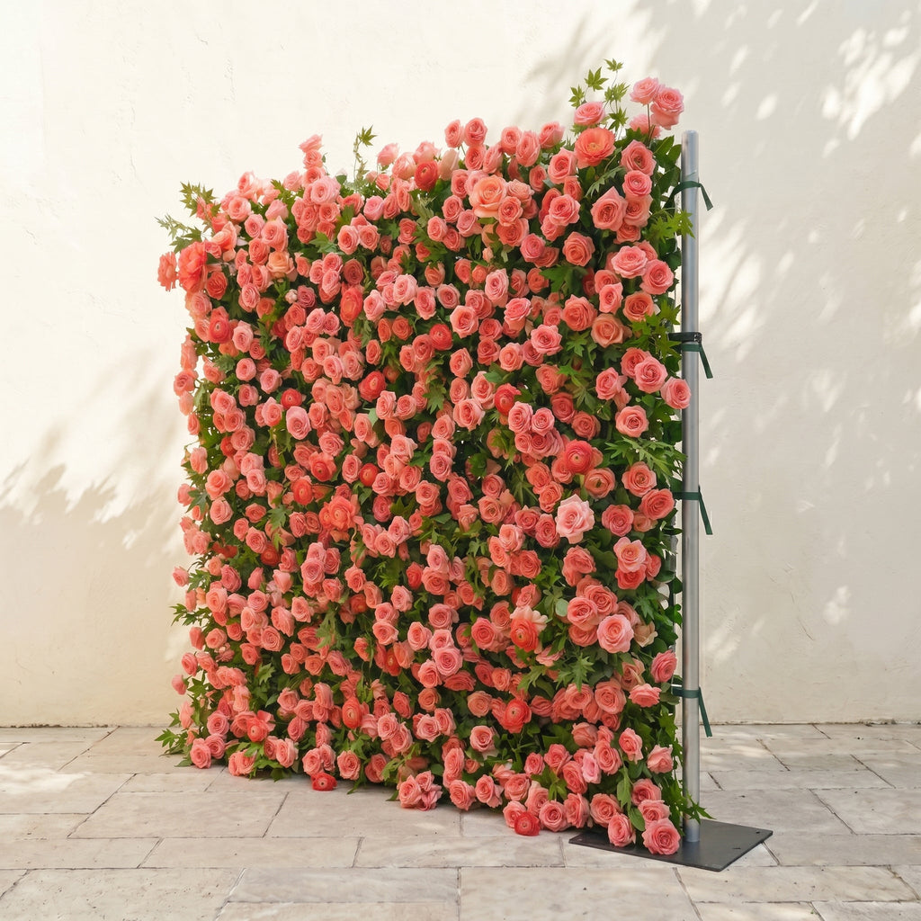 Elvenlena | Premium 5D Bright Coral Floral Wall with Greenery Roll-Up Backdrop for Cheerful Outdoor Garden Events | Shipping Included
