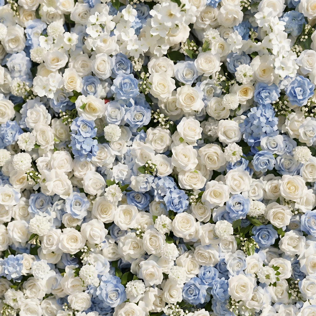Embermira | Luxury 4D Ice White & Sky Blue Silk Floral Wall Backdrop for Destination Weddings | Shipping Included