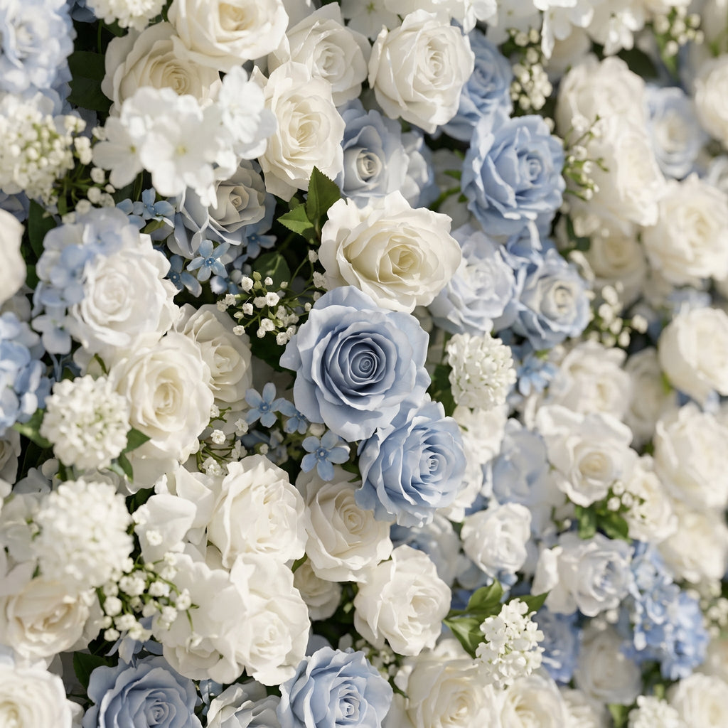 Embermira | Luxury 4D Ice White & Sky Blue Silk Floral Wall Backdrop for Destination Weddings | Shipping Included