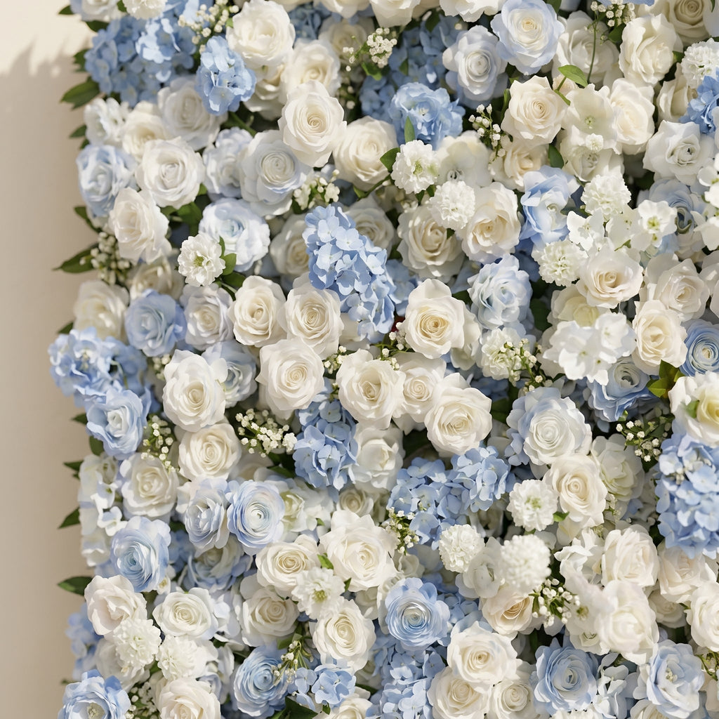 Embermira | Luxury 4D Ice White & Sky Blue Silk Floral Wall Backdrop for Destination Weddings | Shipping Included