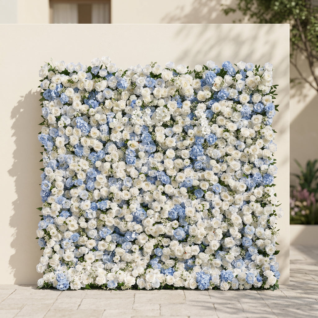 Embermira | Luxury 4D Ice White & Sky Blue Silk Floral Wall Backdrop for Destination Weddings | Shipping Included