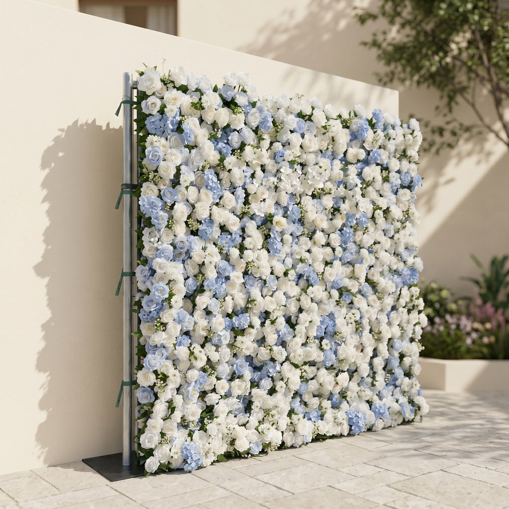 Embermira | Luxury 4D Ice White & Sky Blue Silk Floral Wall Backdrop for Destination Weddings | Shipping Included