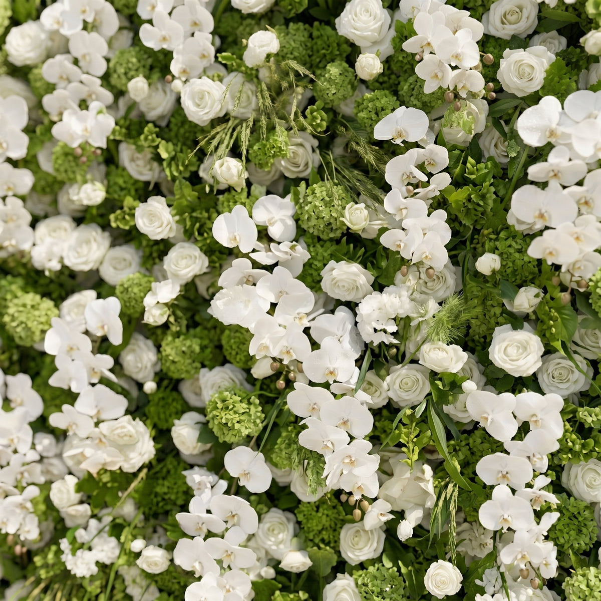 Evelaria | Luxury 5D White & Green Silk Event-Ready Floral Wall Backdrop for Edgy Romantic Weddings | Shipping Included