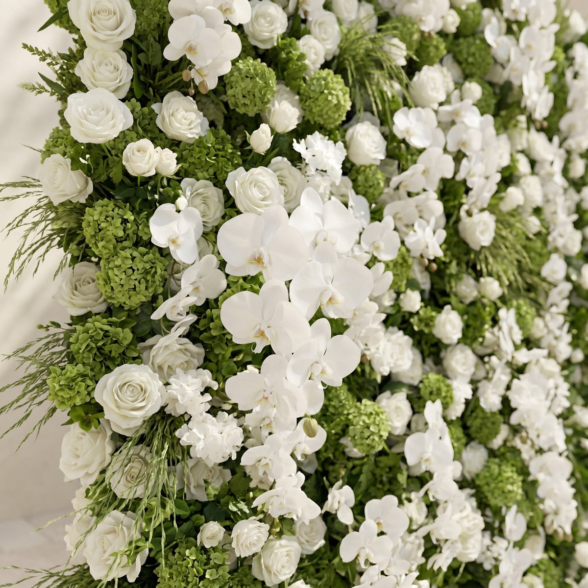 Evelaria | Luxury 5D White & Green Silk Event-Ready Floral Wall Backdrop for Edgy Romantic Weddings | Shipping Included