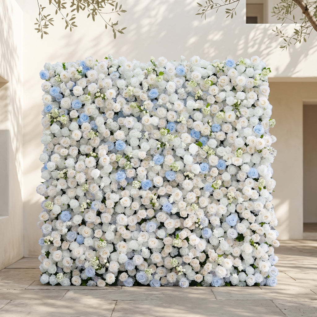 Fiorelle | 5D Dusty Baby Blue & Ivory White Event-Ready Silk Rose Floral Wall Backdrop for Romantic Wedding & Proposal Setups | Shipping Included