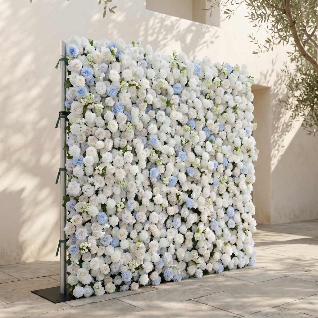 Fiorelle | 5D Dusty Baby Blue & Ivory White Event-Ready Silk Rose Floral Wall Backdrop for Romantic Wedding & Proposal Setups | Shipping Included