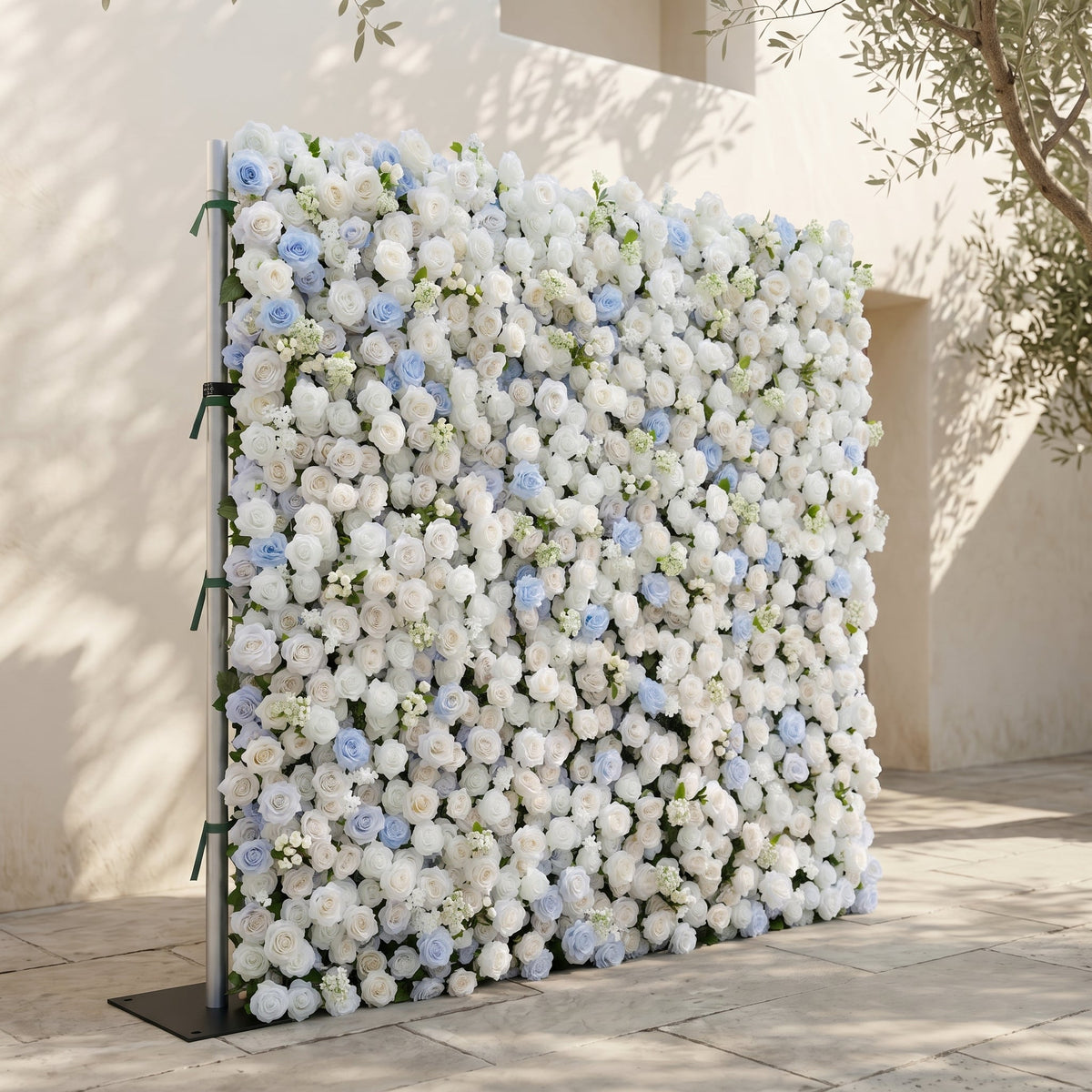 Fiorelle | 5D Dusty Baby Blue & Ivory White Event-Ready Silk Rose Floral Wall Backdrop for Romantic Wedding & Proposal Setups | Shipping Included