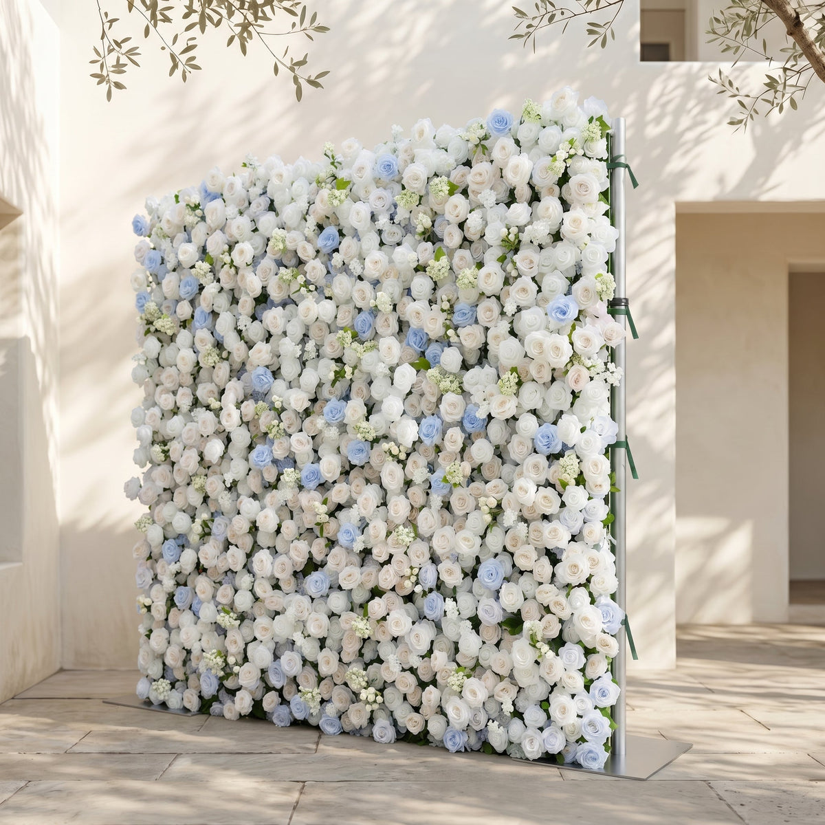 Fiorelle | 5D Dusty Baby Blue & Ivory White Event-Ready Silk Rose Floral Wall Backdrop for Romantic Wedding & Proposal Setups | Shipping Included