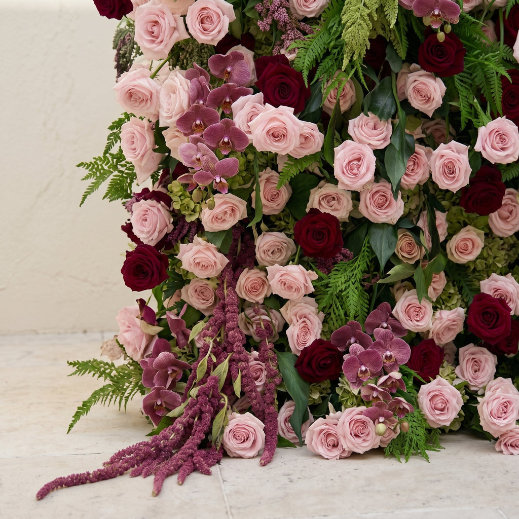 Gaellena | Luxury 5D Burgundy & Blush Pink Floral Wall with Greenery Roll-Up Backdrop for Romantic Fall Weddings | Shipping Included